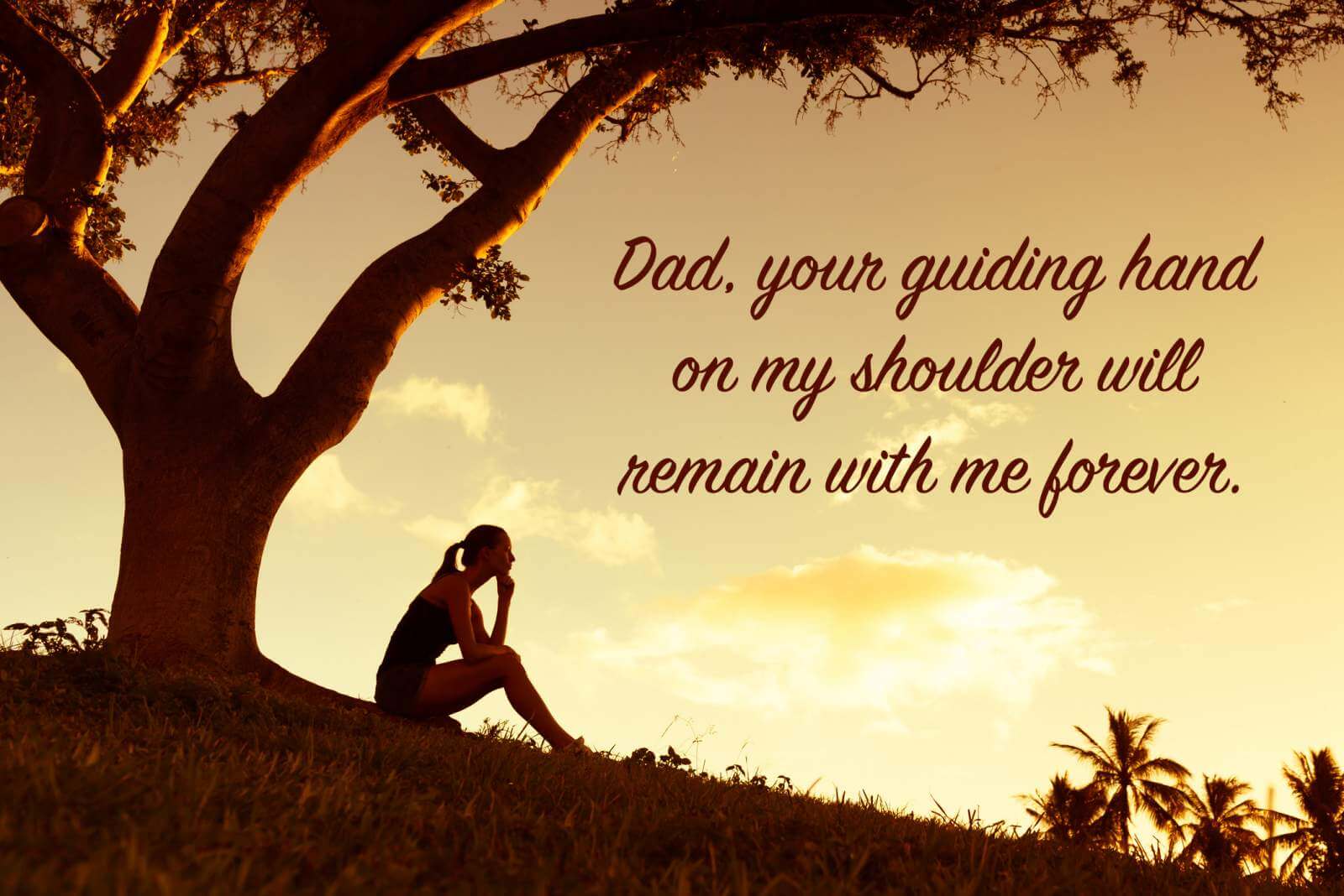 sad daughter under a tree with a miss you dad quote overlay
