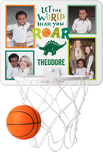 A Kids basketball hoop with a dinosaur design.