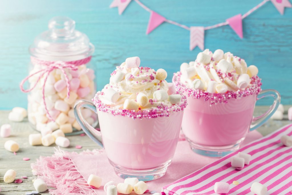 Unicorn frozen hot chocolate and cookies for party