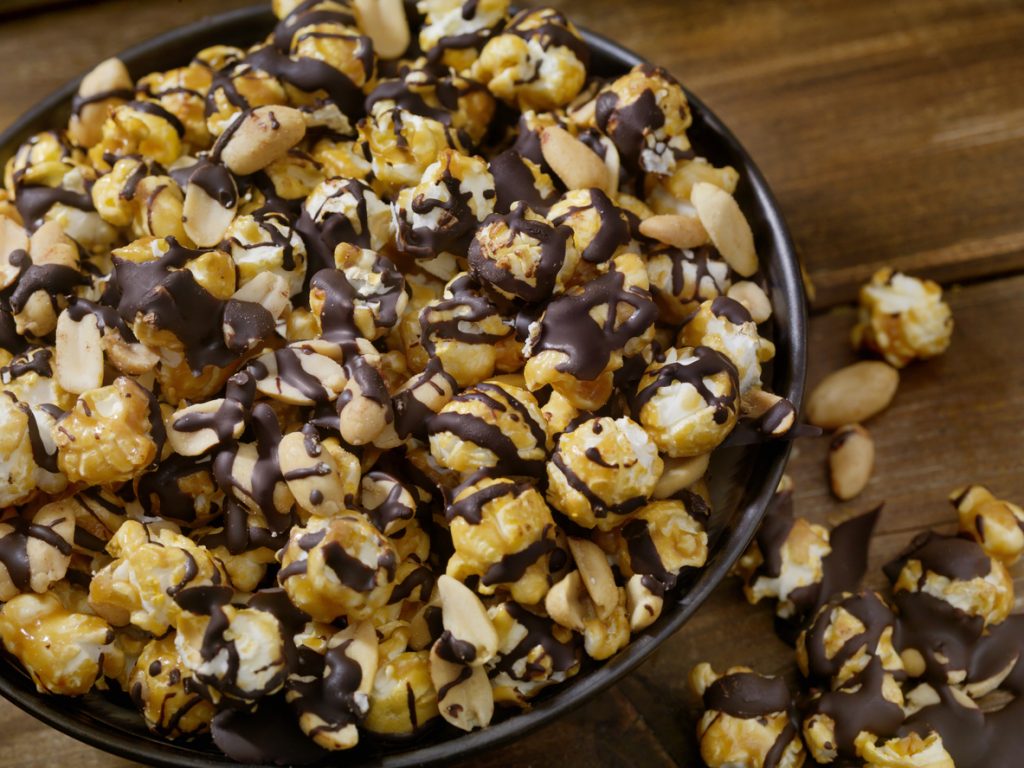 Dark Chocolate Caramel Popcorn with Peanuts.