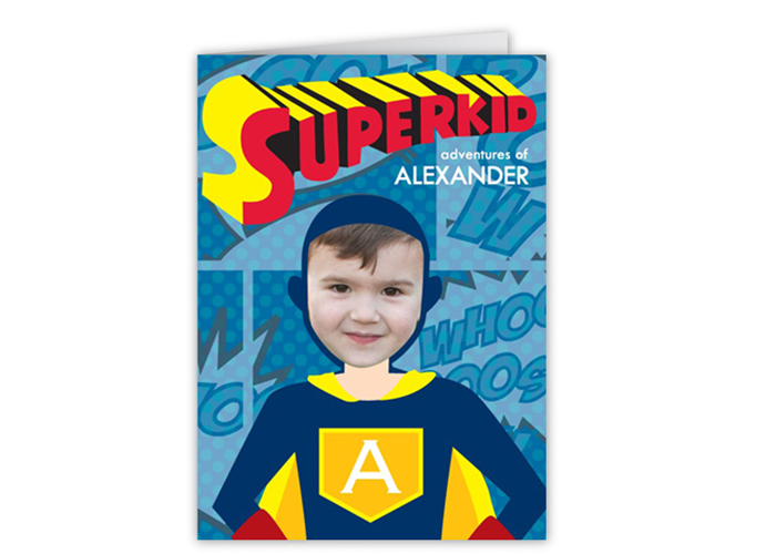 Funny greeting card with kid super hero on it.