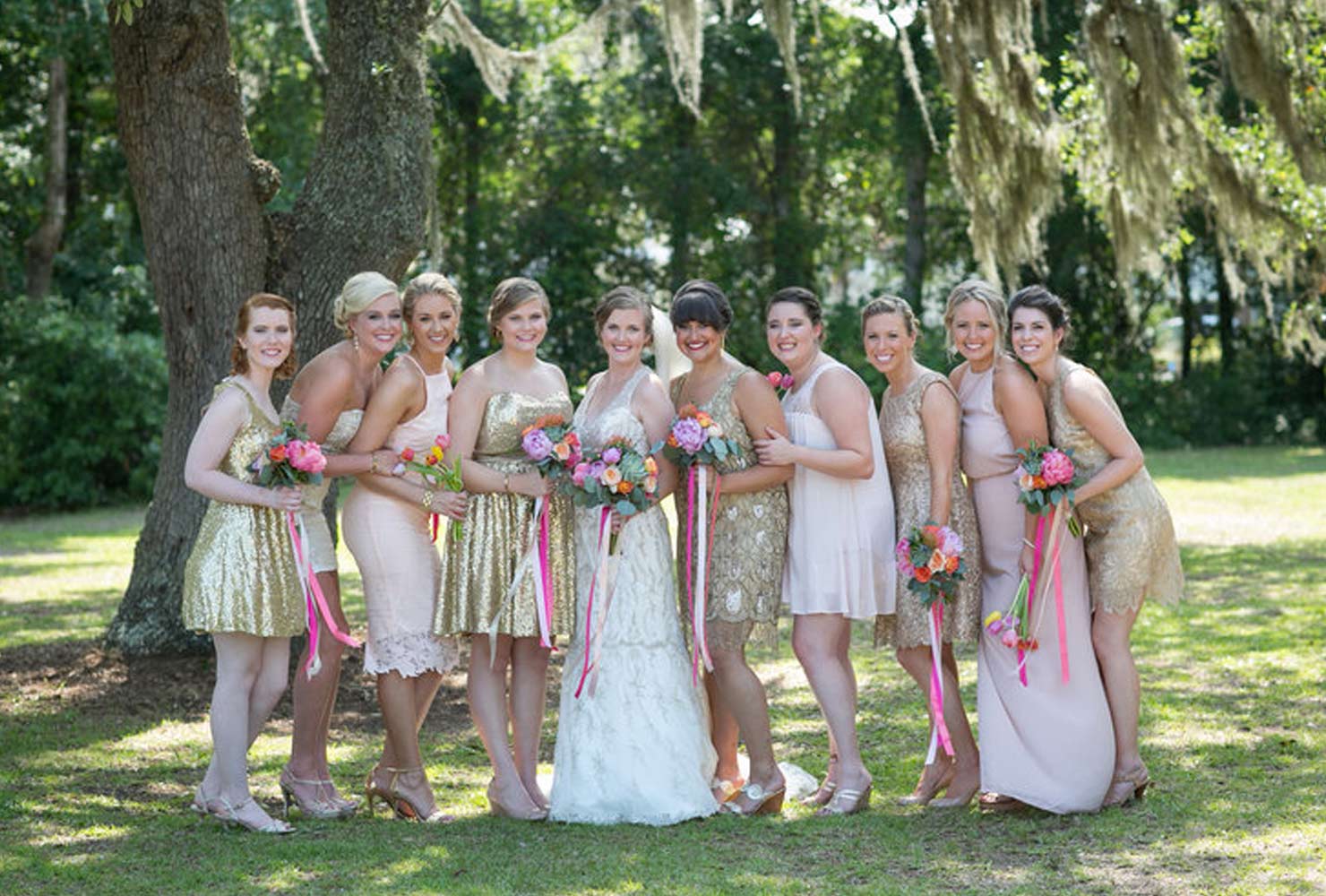 pink and gold wedding playful party dresses