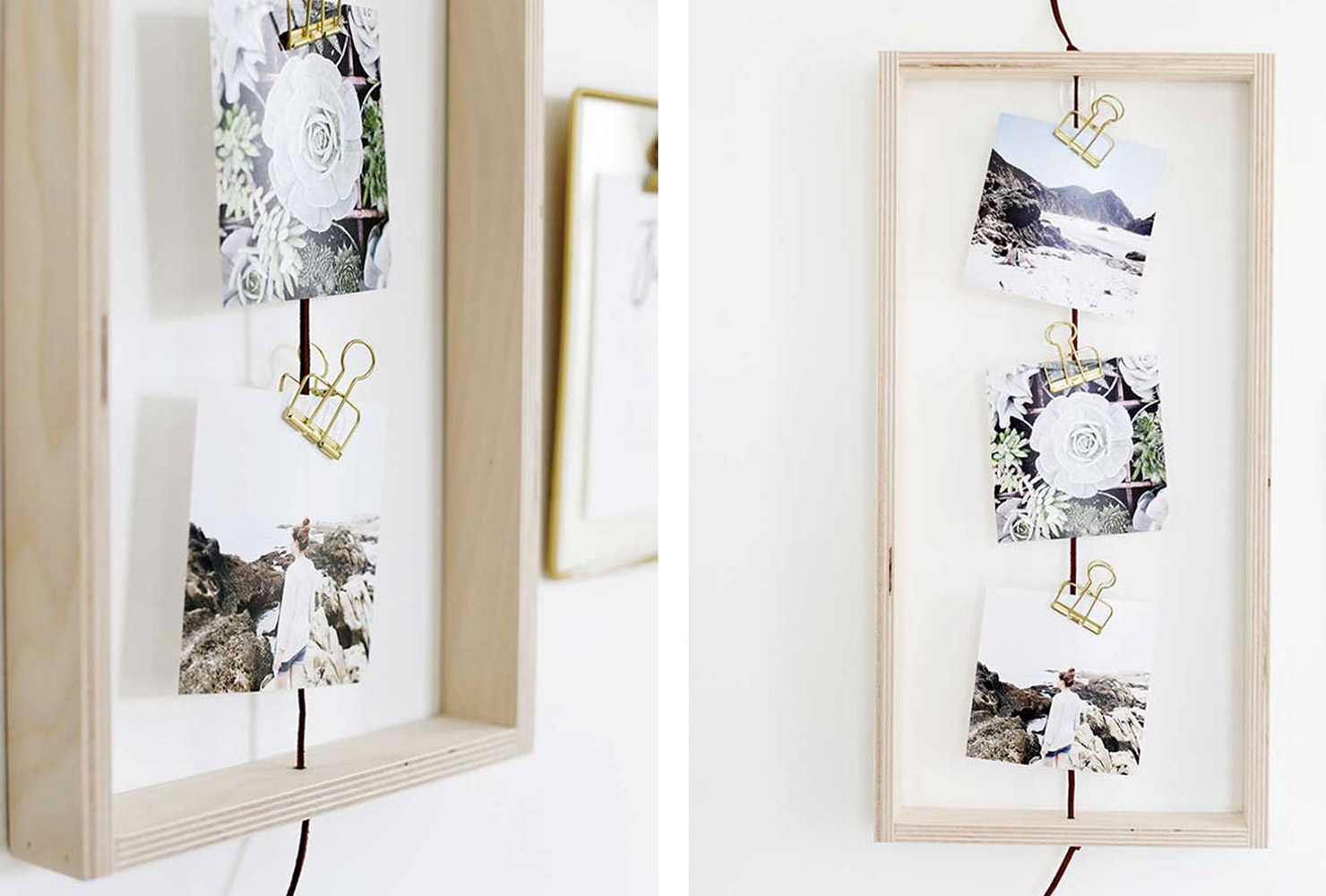 DIY wood frame with photos and gold clothespins. 