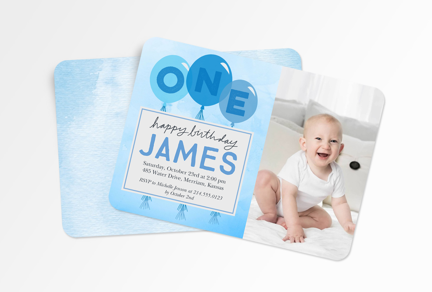 Blue first birthday card with photo of baby