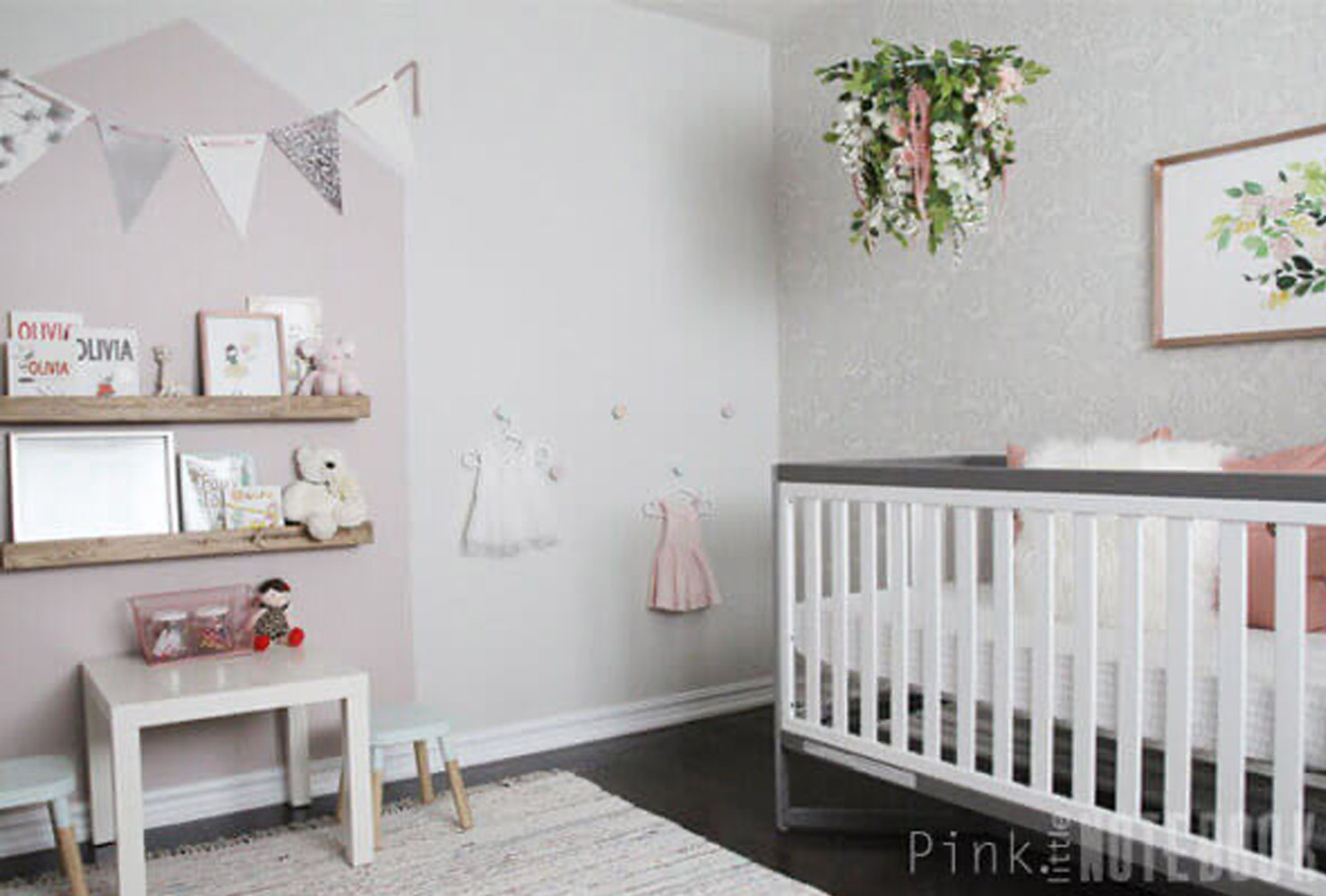 Floral white and pink baby nursery.
