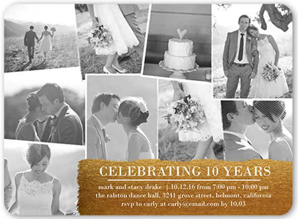 gold and white anniversary party invitation with multiple photos