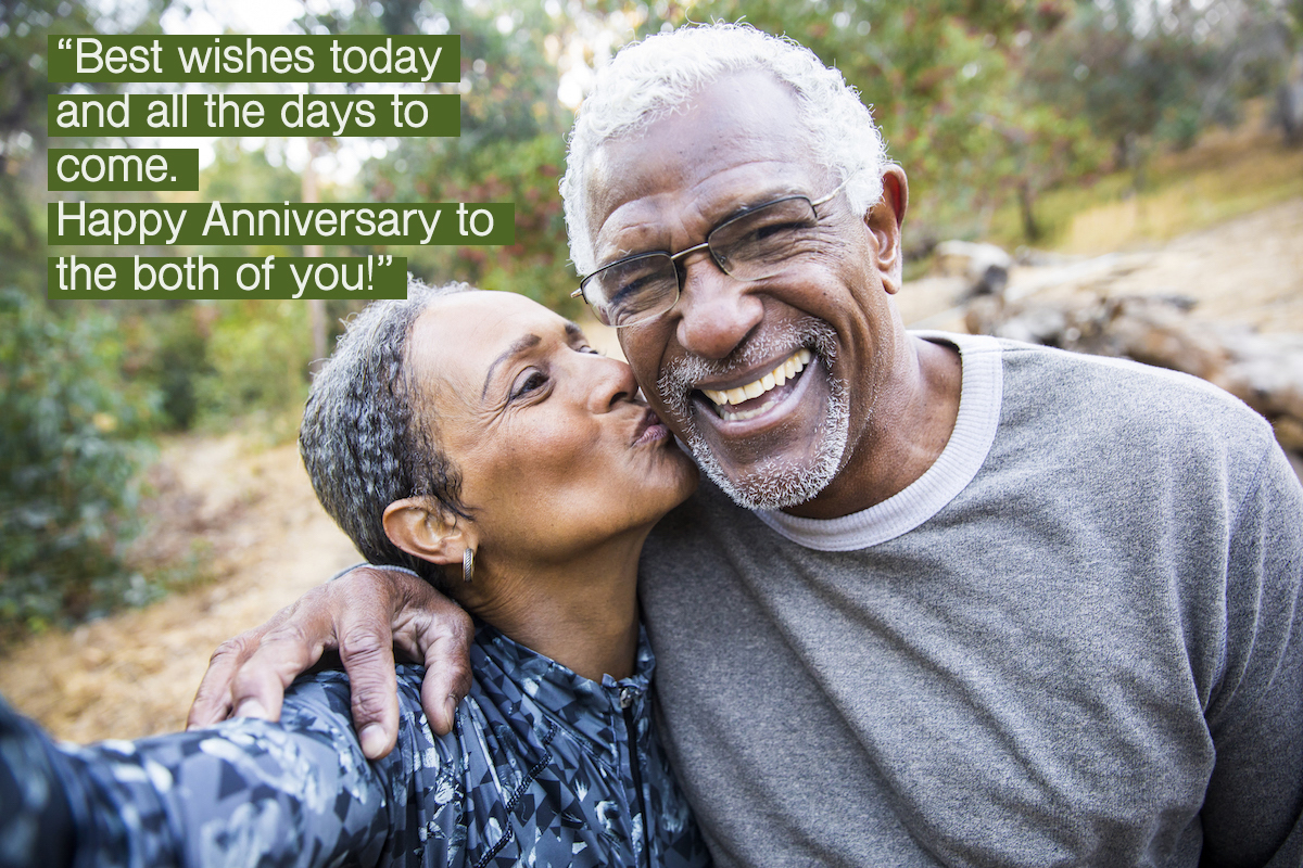 A senior African American Couple takes a selfie during their workout with happy anniversary wishes for parents overlay