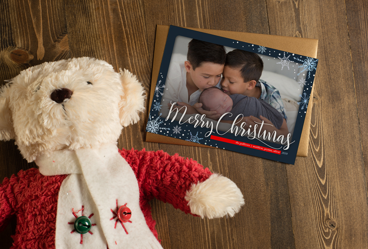 big brothers with newborn baby christmas card