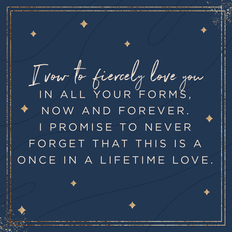 I vow to fiercely love you in all your forms, now and forever. I promise to never forget that this is a once in a lifetime love. — The Vow