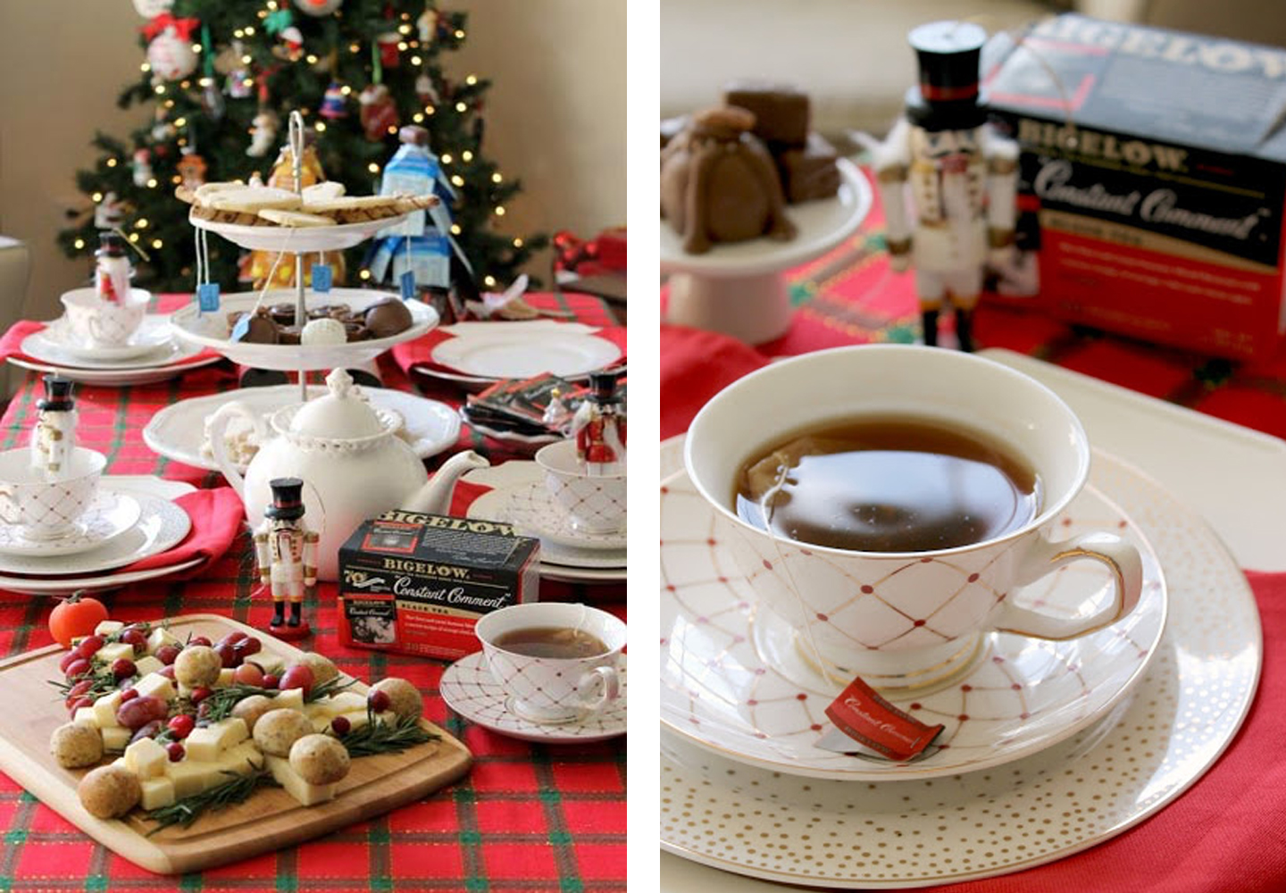 Dinner table with a holiday tea party setup. 