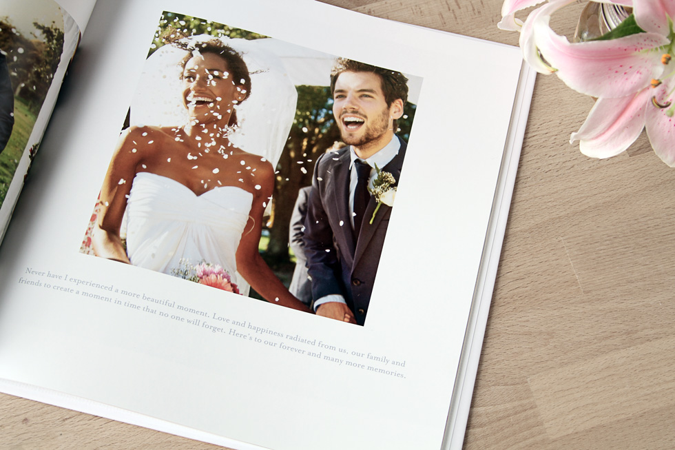 Wedding photo book image of happy bride and groom