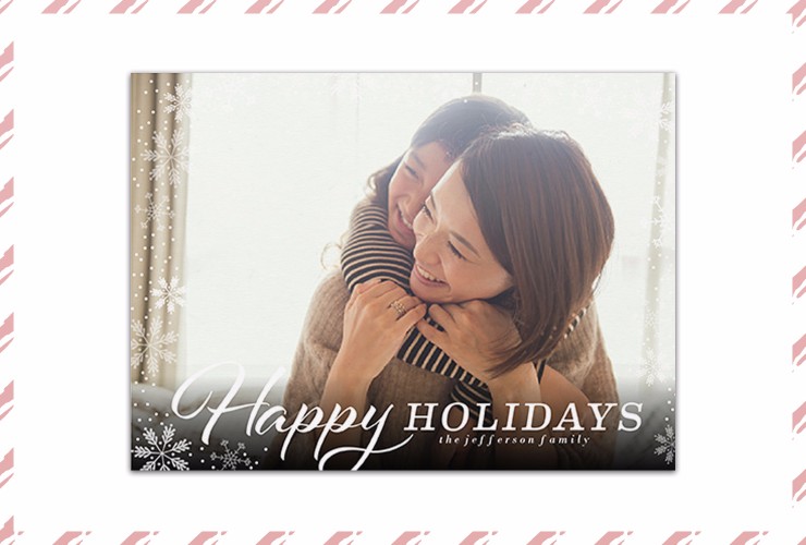 Mother and daughter hugging on Christmas card 