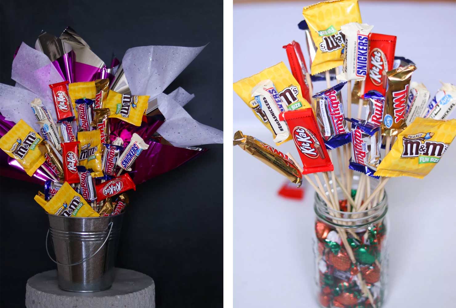 Candy bouquet in tin bucket and mason jar
