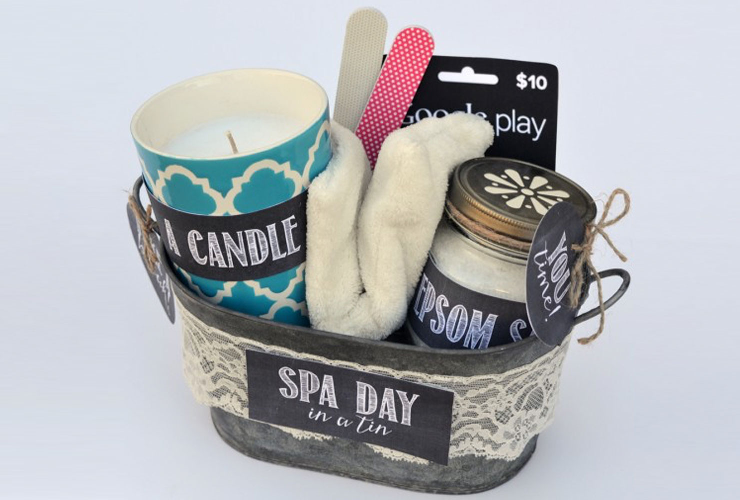 Spa kit with candle, washcloth and epsom salts