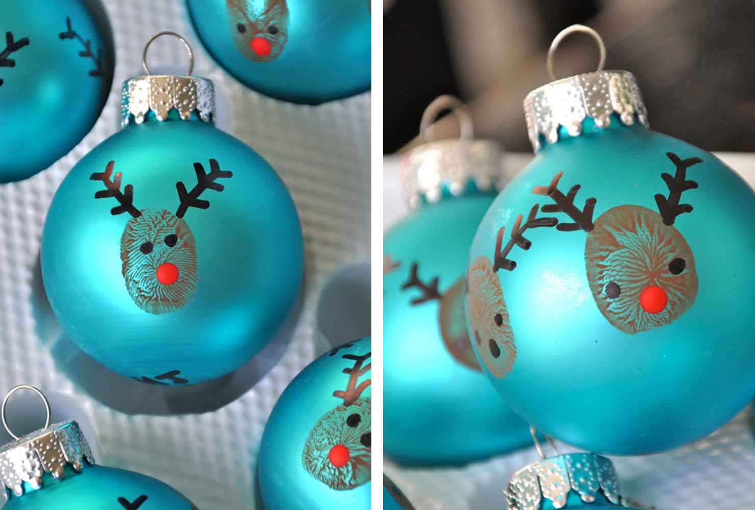 Blue ornament with thumbprint reindeer