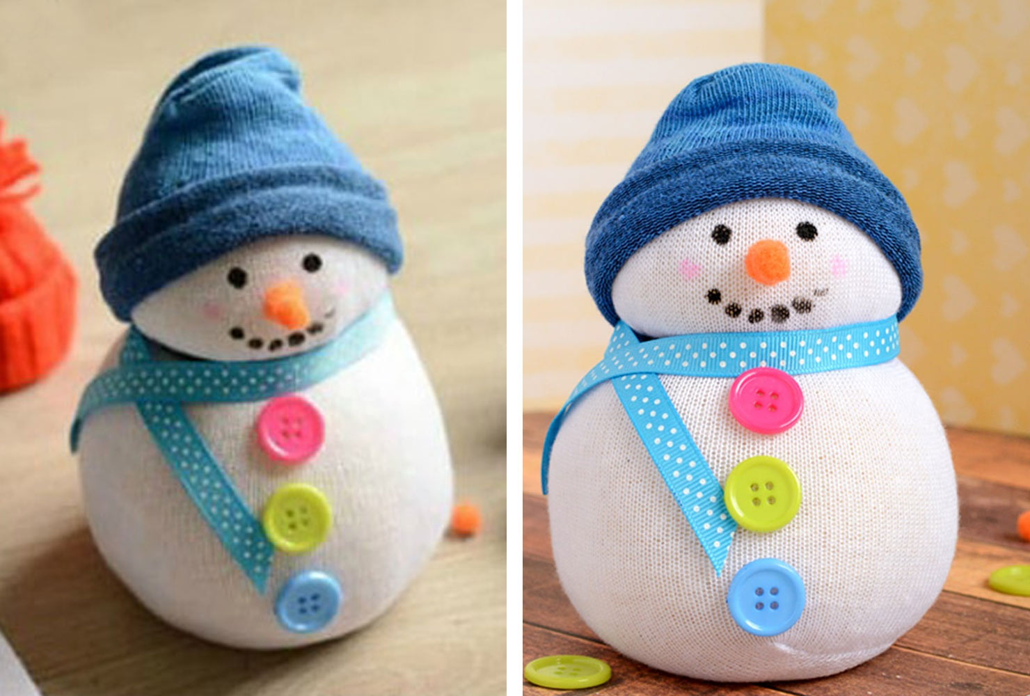  sock snowman with a sock beanie and buttons