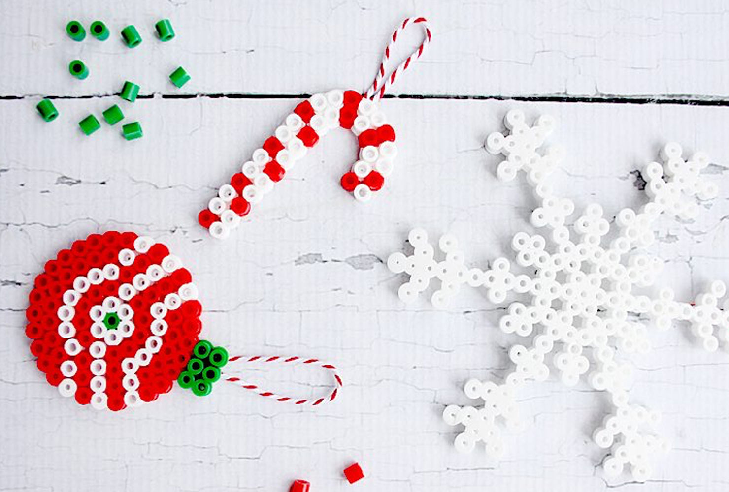 Perler bead ornament, snowflake and candy cane
