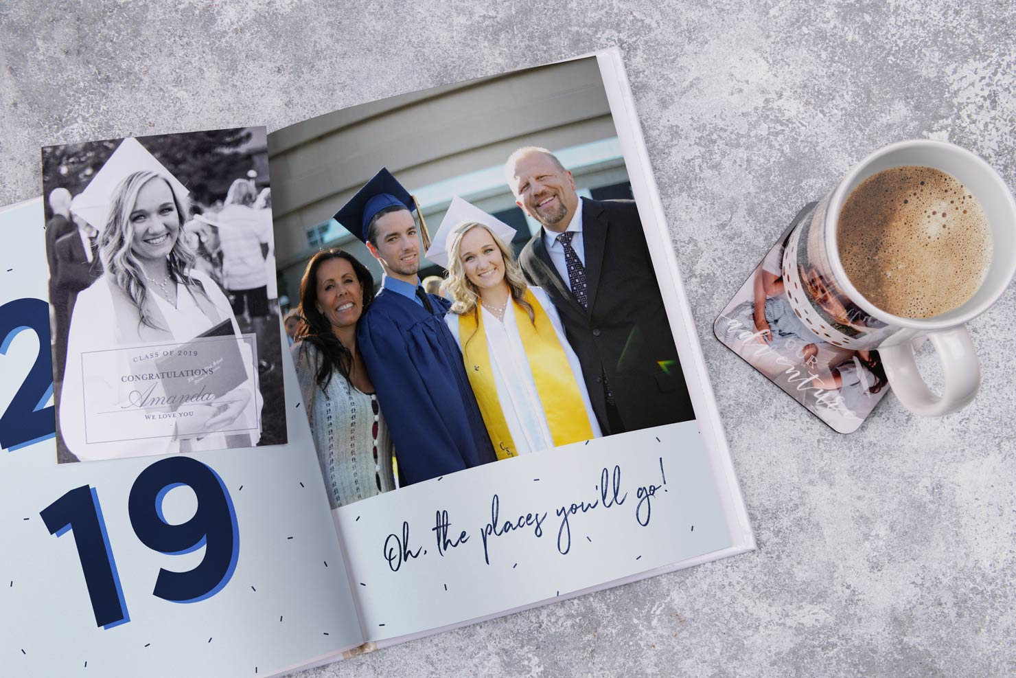 graduation custom photo album used as a coffee table photo book 