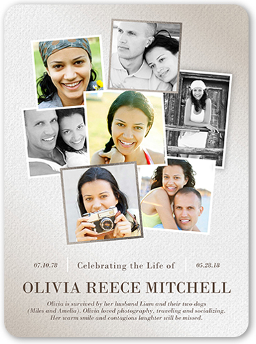 card with young woman for a sample of good celebration of life invitation wording.