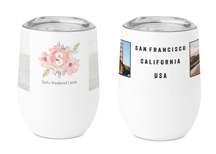 Two travel mugs that have been personalized.