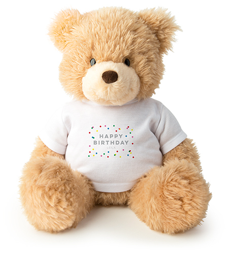 a fluffy teddy bear with a T-shirt that says "Happy Birthday"