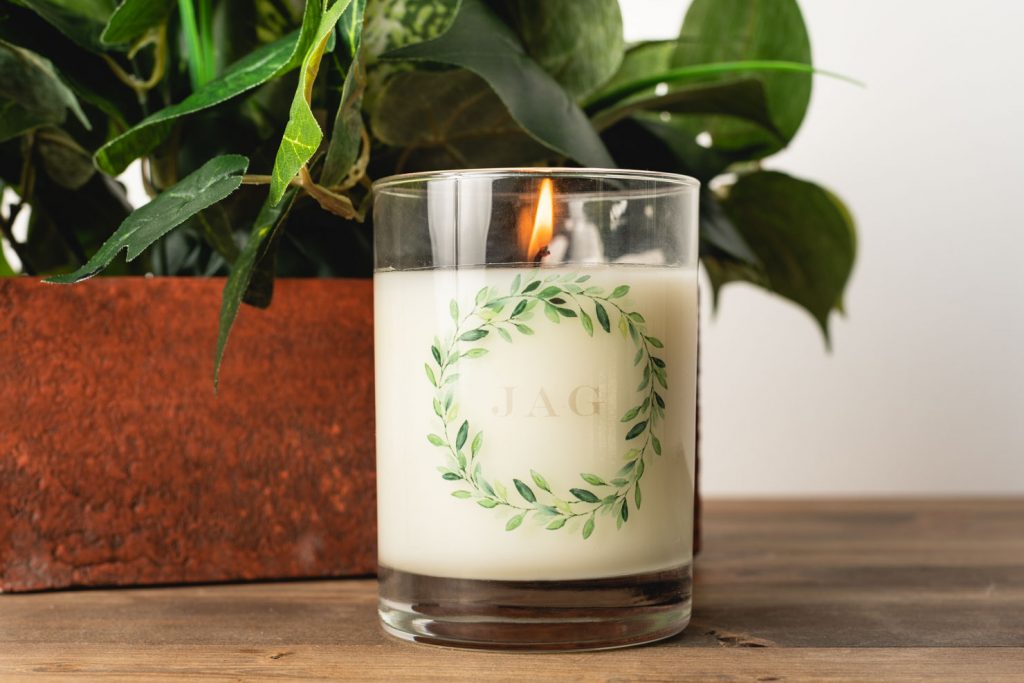 Green wreathe personalized candle.