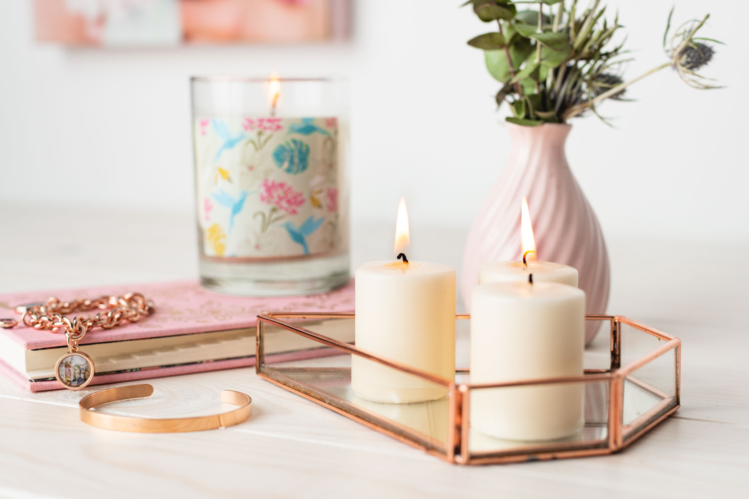 votive candles in a jewelry tray