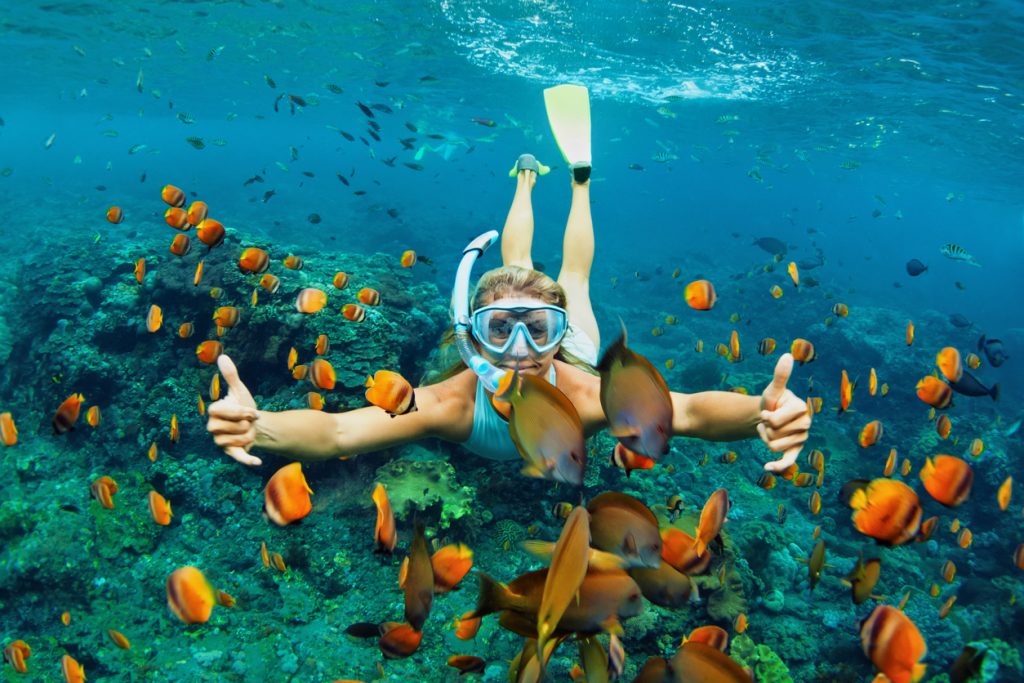 Girl on summer vacation in snorkeling mask dive underwater with tropical fishes in coral reef sea pool.