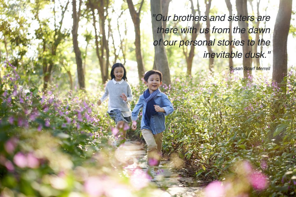 Boy and girl running through field of flowers in park with siblings quotes overlay.