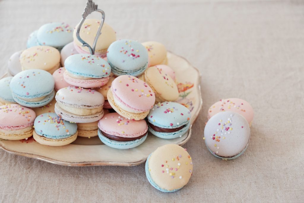 Homemade colorful pastel macaroons for unicorn birthday party