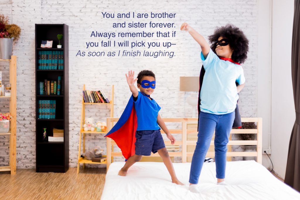 Happy and confident young kids playing and dressing up as superhero together in bedroom.