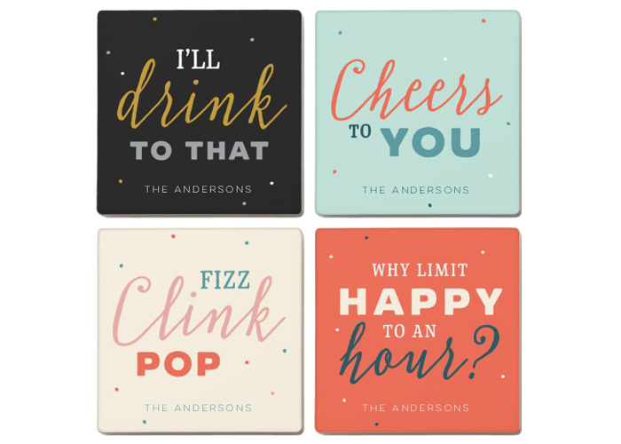 Coasters with cute designs for a bachelorette party.