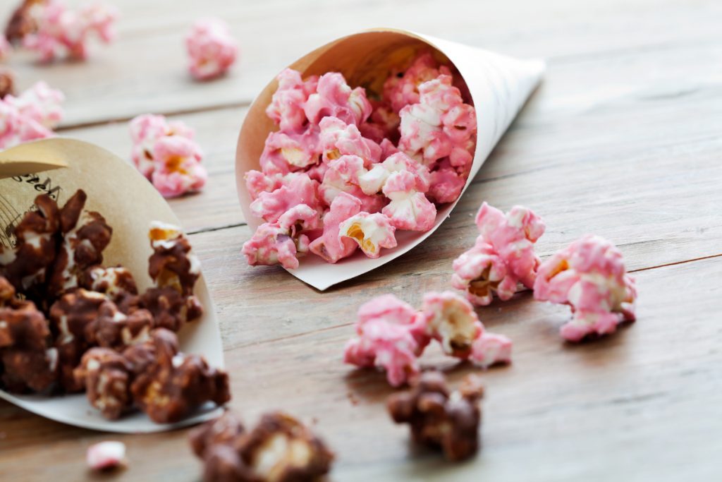 Chocolate pop corn in brown and pink.