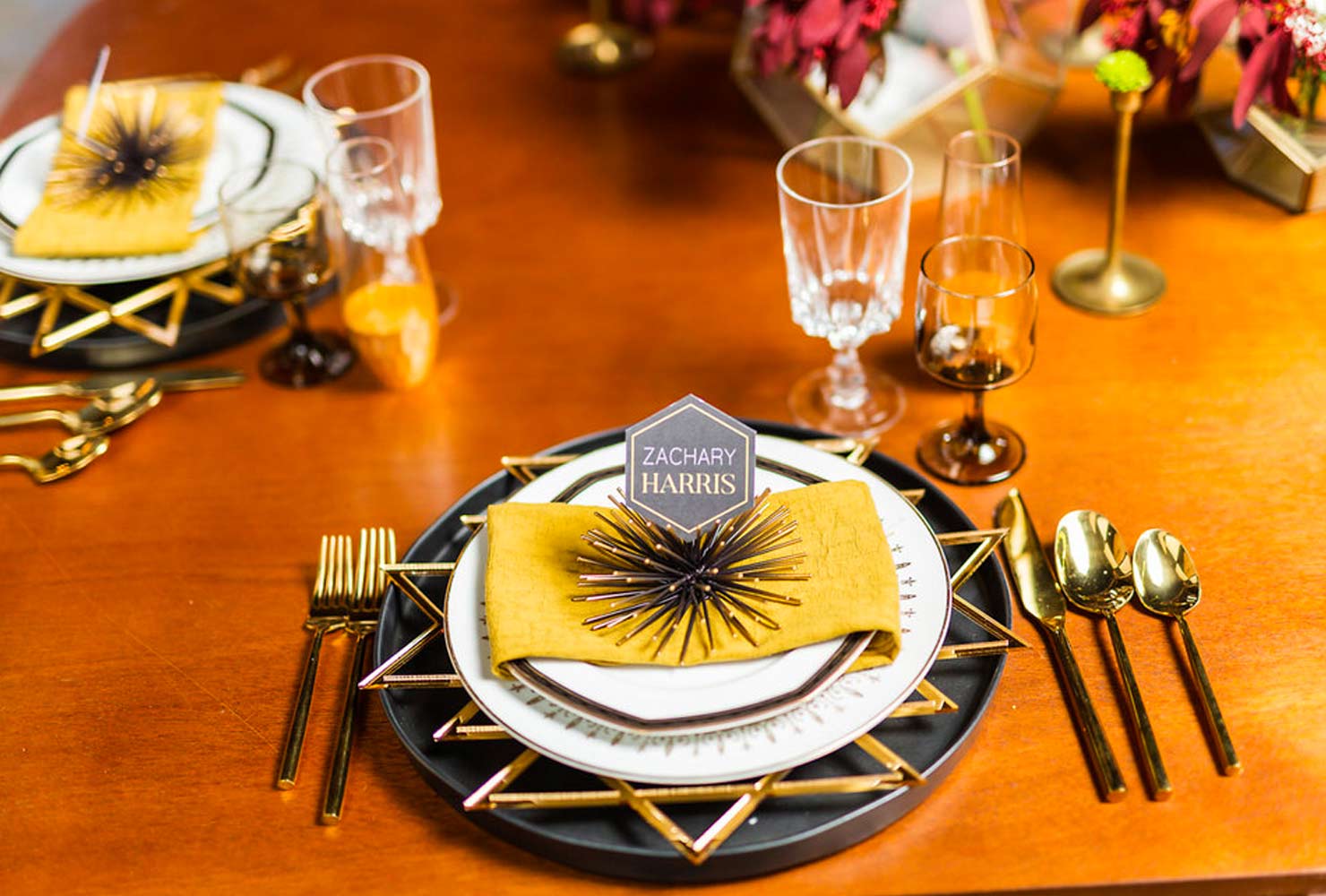black and gold wedding ideas table setting 