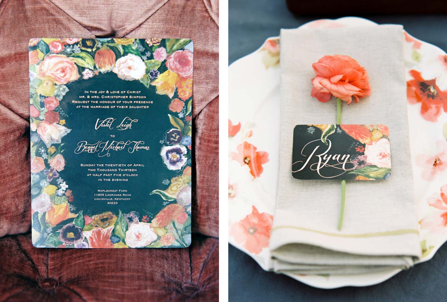 navy blue and coral wedding ideas floral artwork
