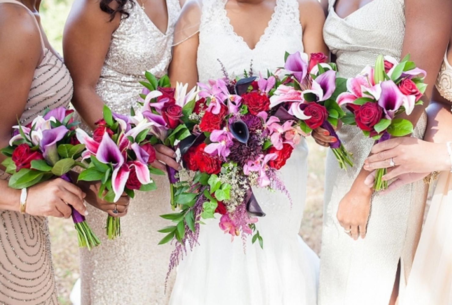 pink and black wedding trumpet flowers