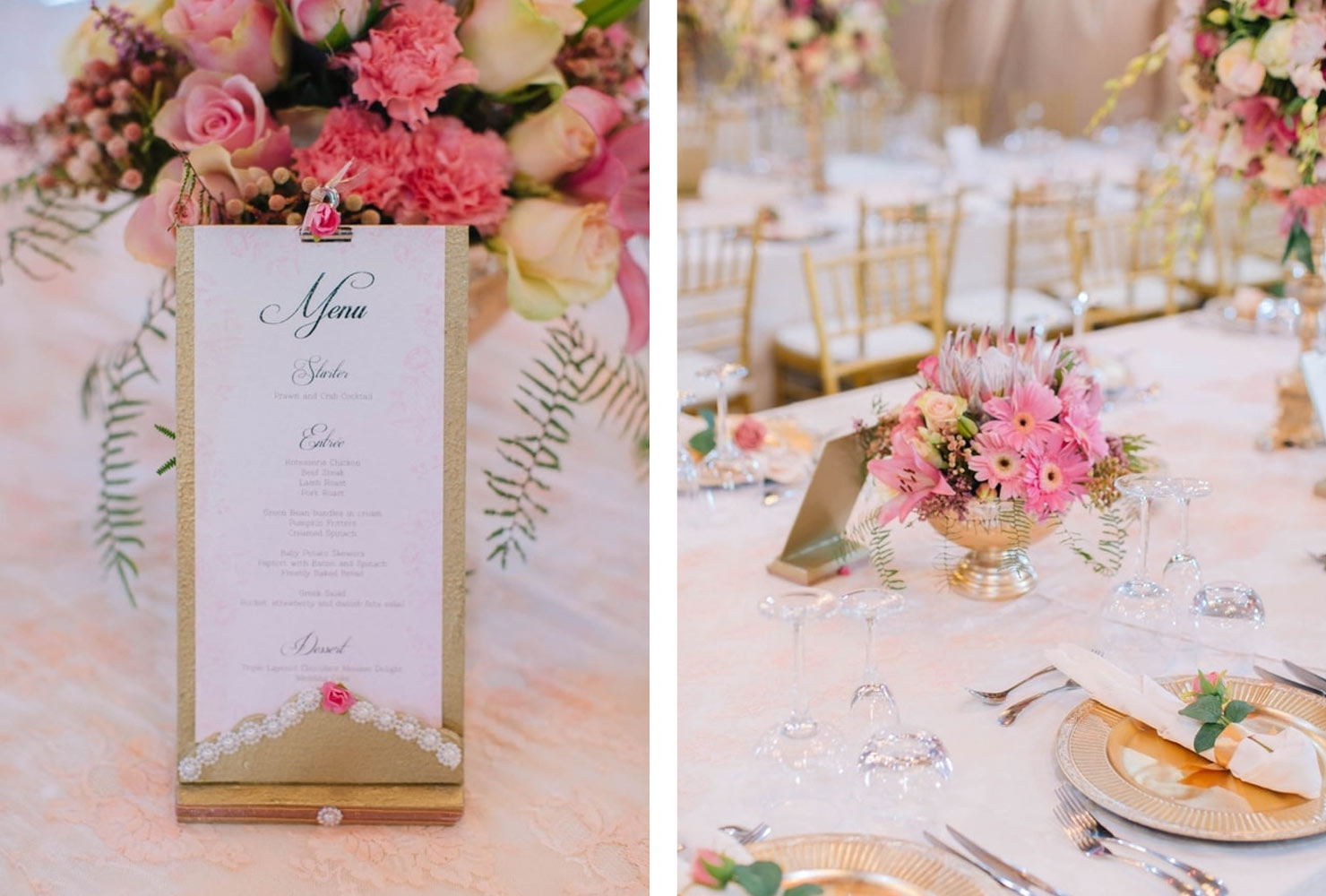 pink and gold wedding framed with gold