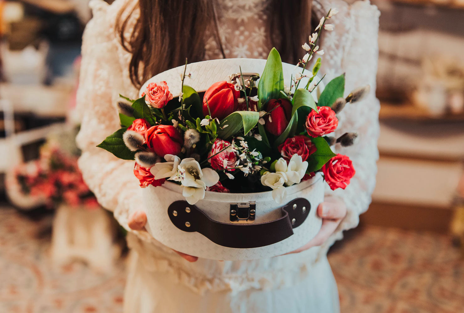 red black and white wedding basket florals 