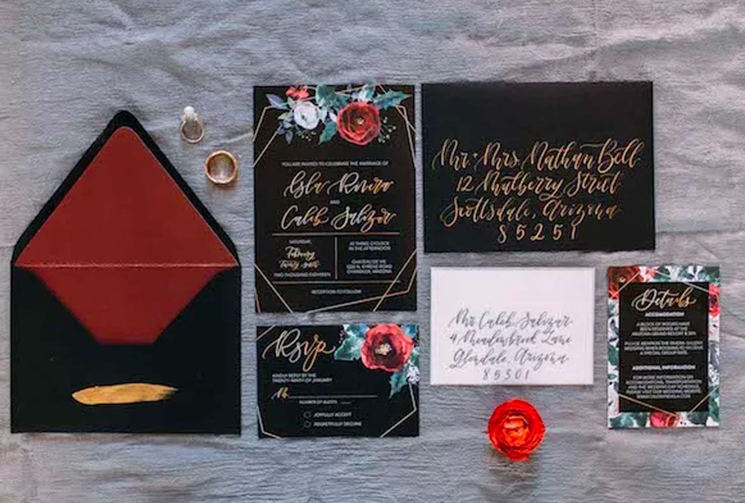 red black and white wedding dark stationery 