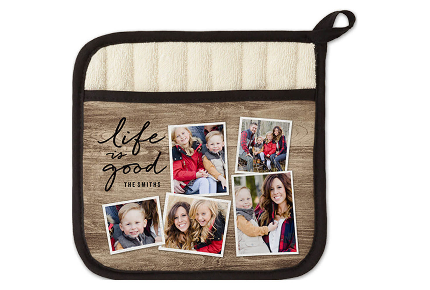 Pot holder with family photos.