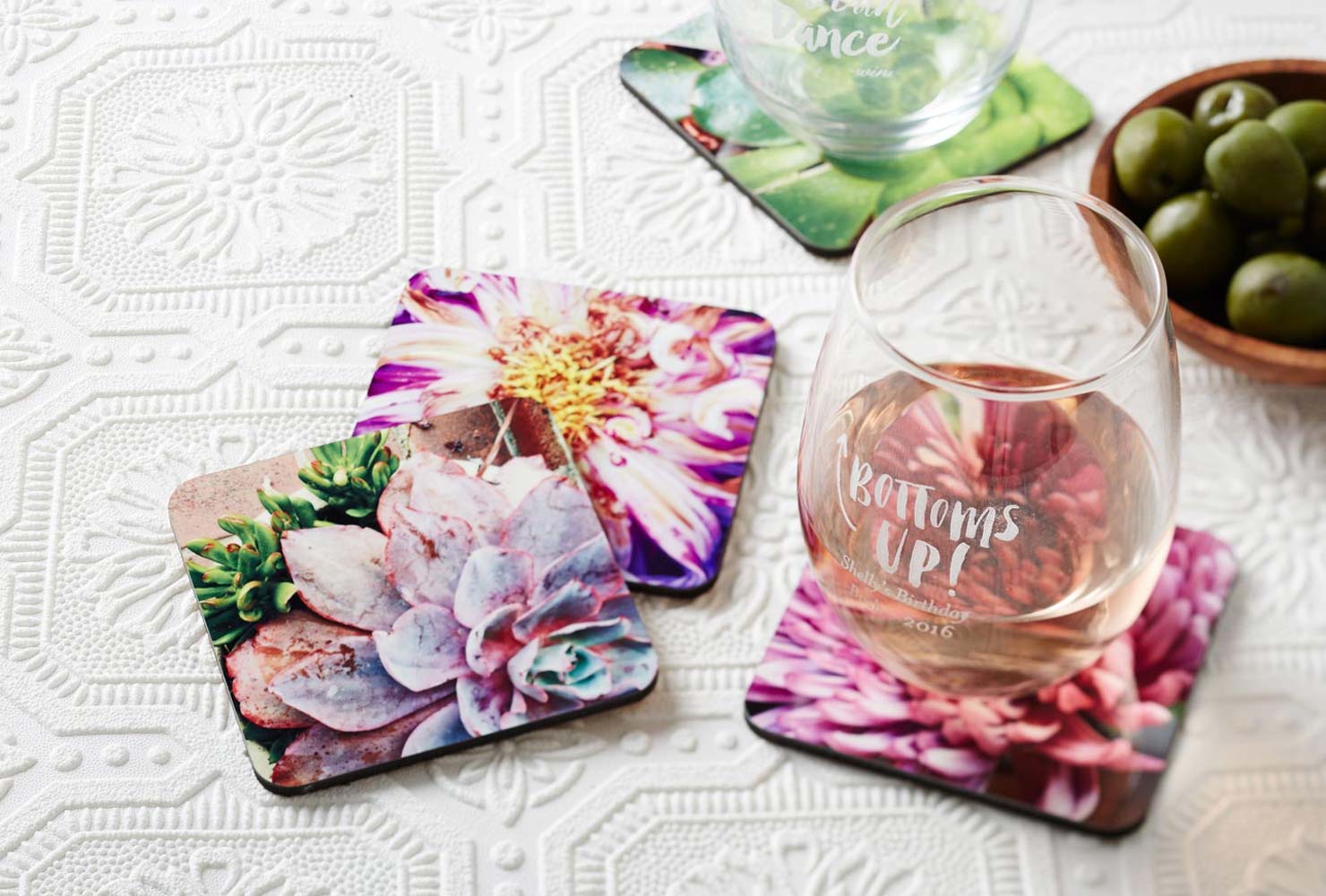 Stemless wine glasses and coasters.