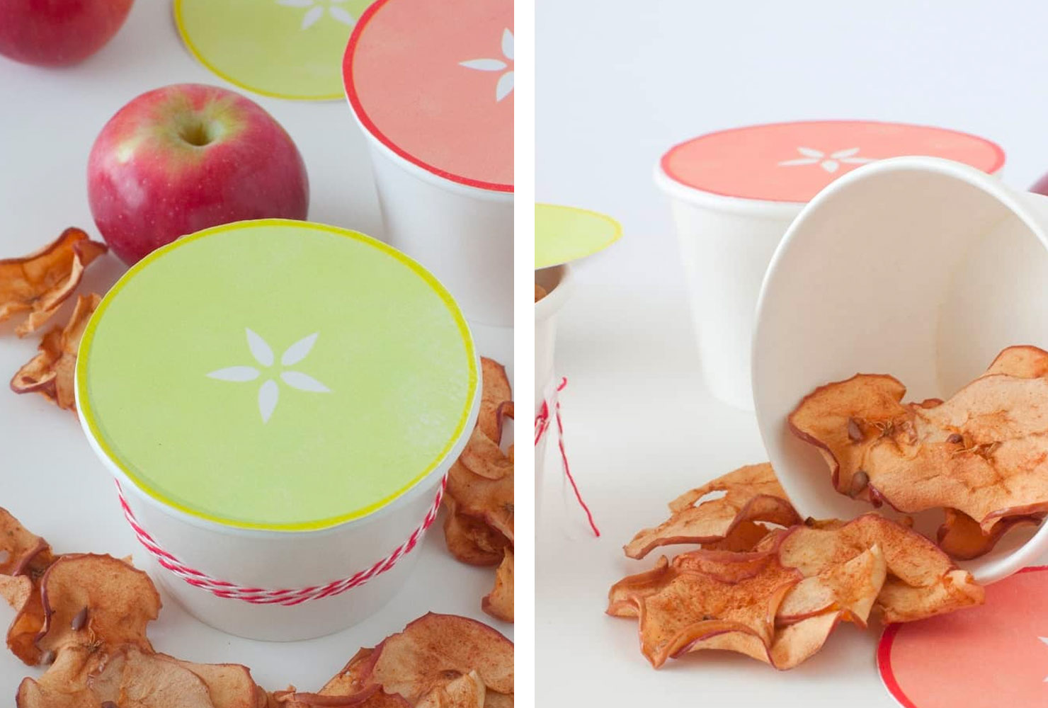 Homemade apple chips in paper cups.