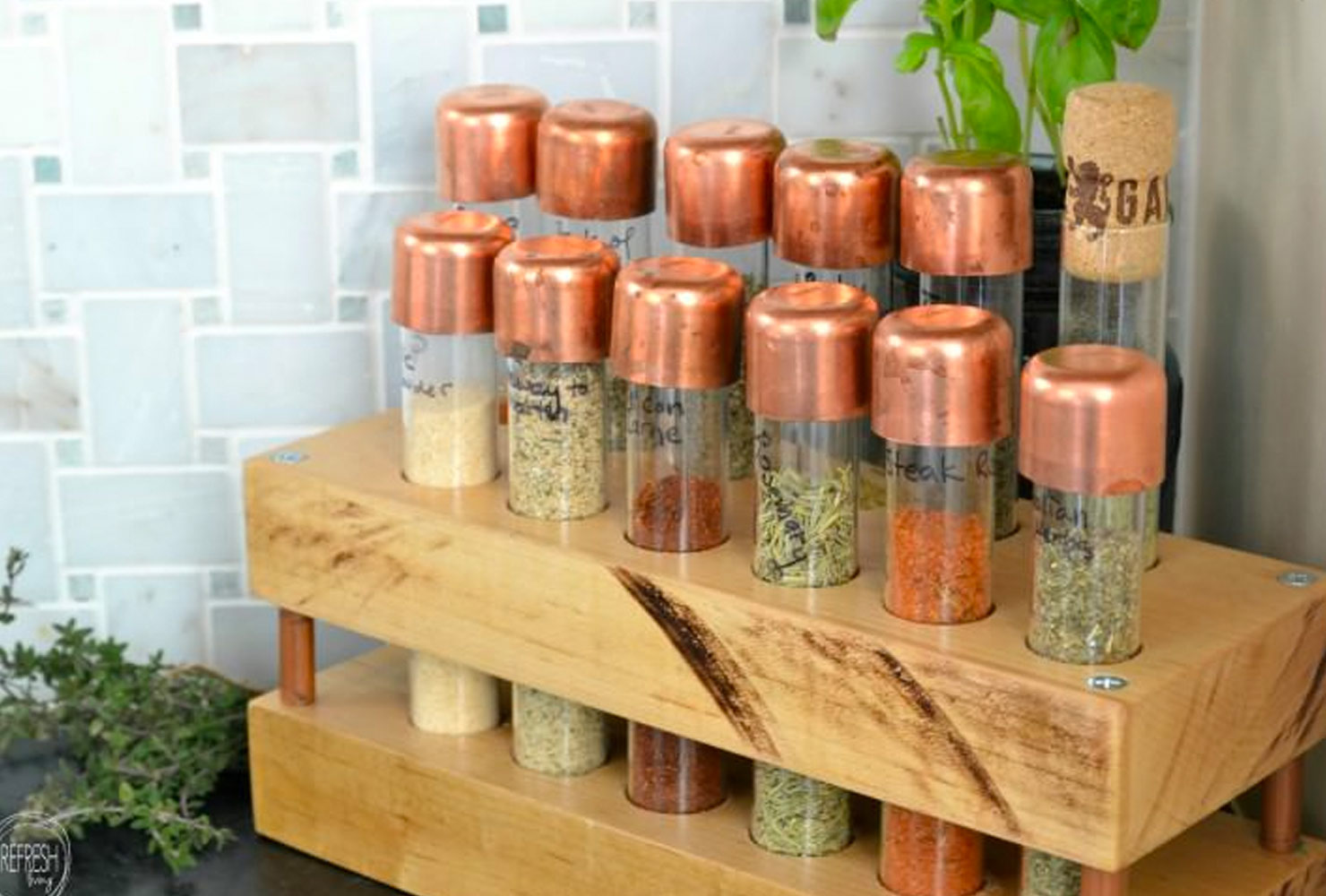 Copper topped spice bottles.