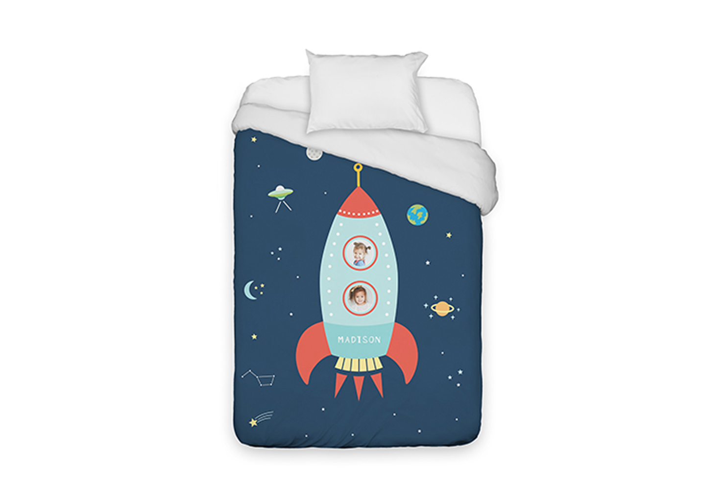 Outer space themed bedding.