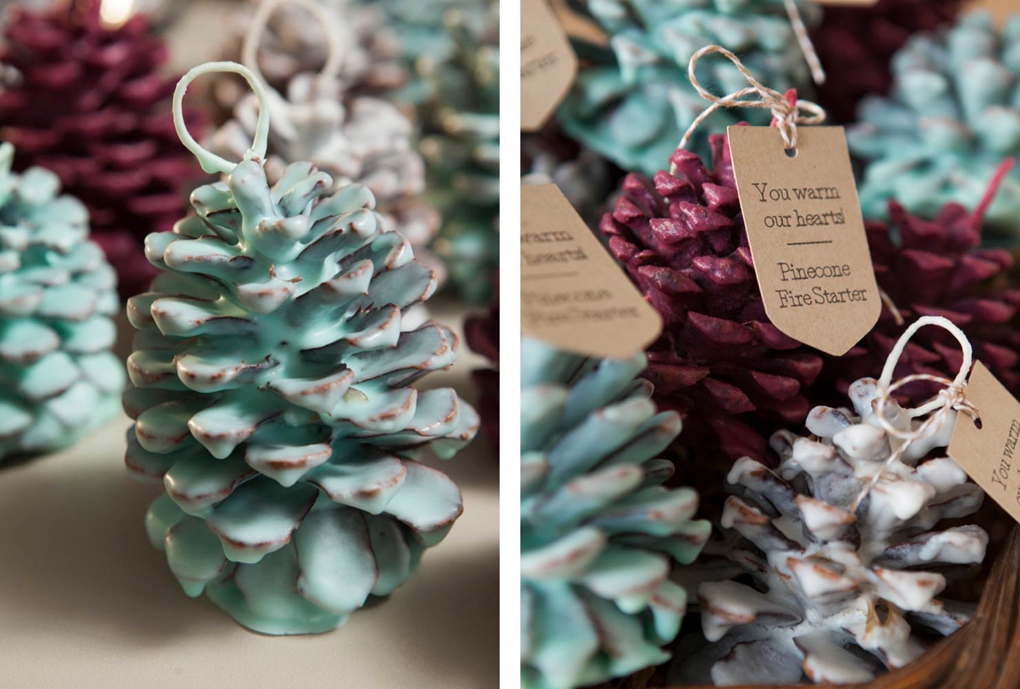 Hand dipped pinecone fire starters.