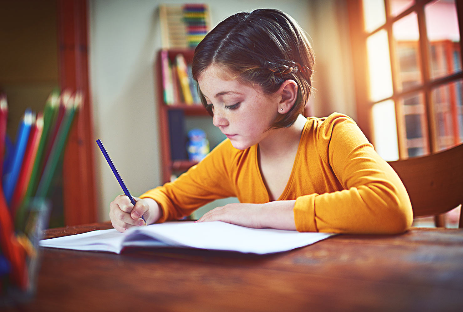 Young girl writing in journal.