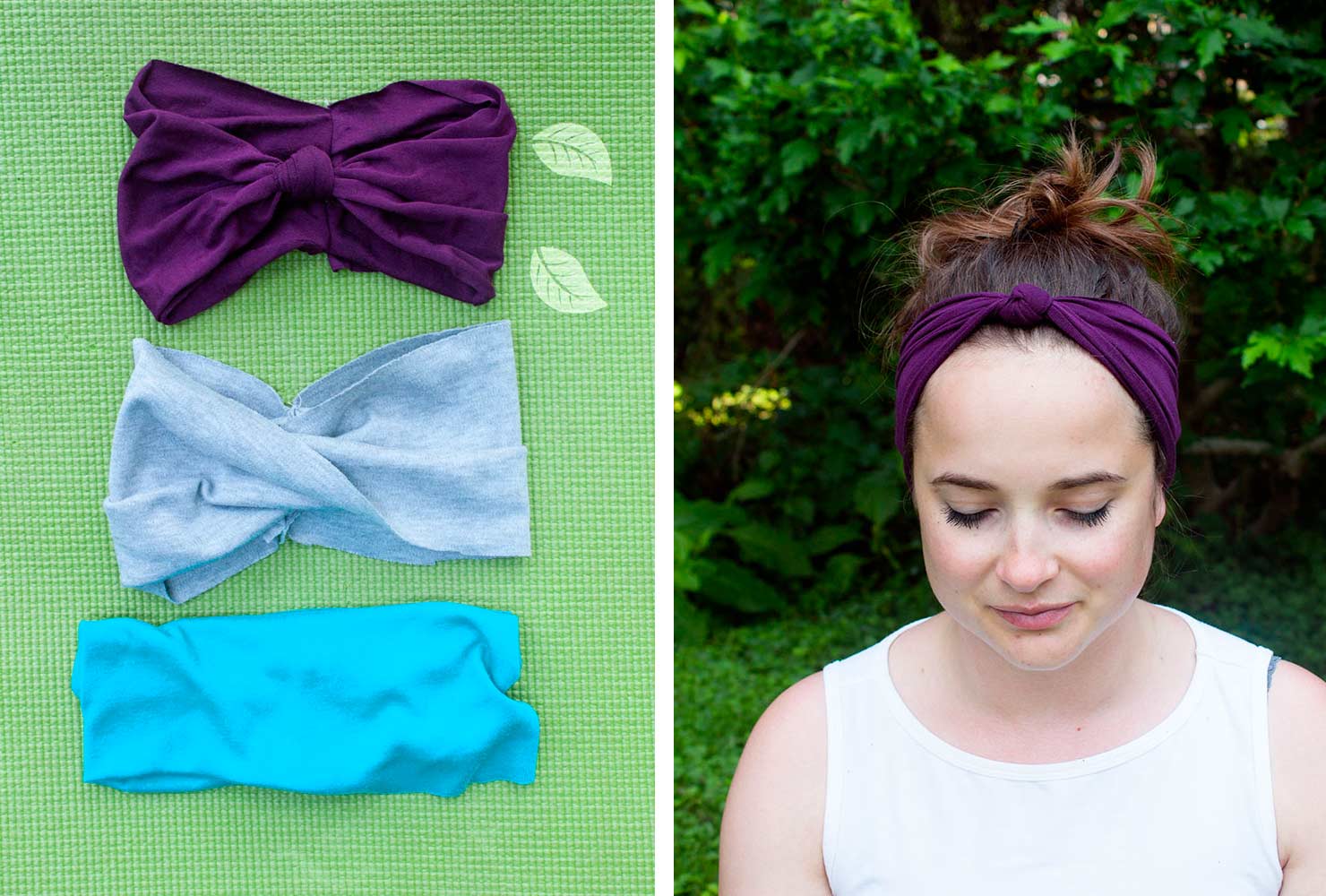 Purple gray and blue twisted headbands on green background.
