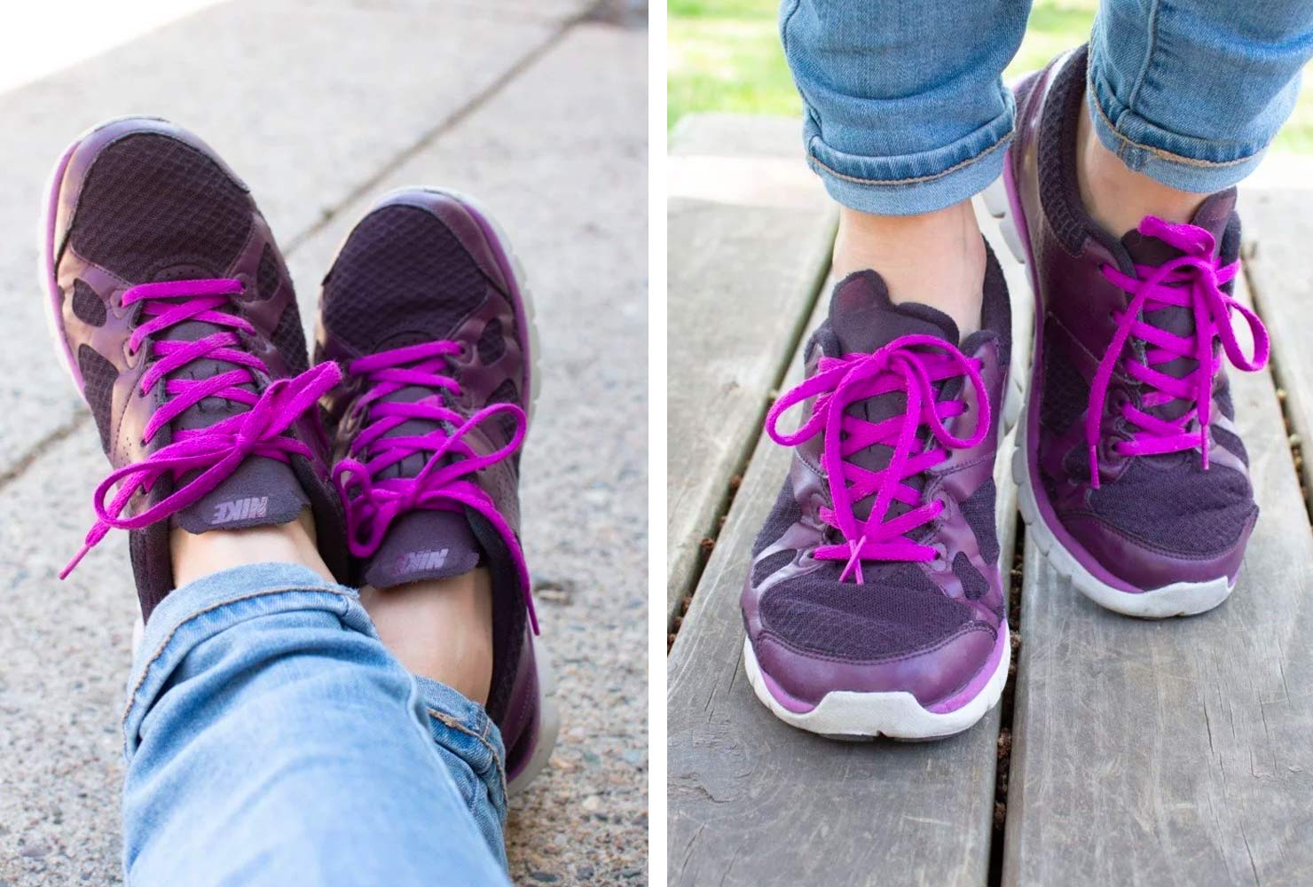 Woman wearing purple sneakers with purple laces.