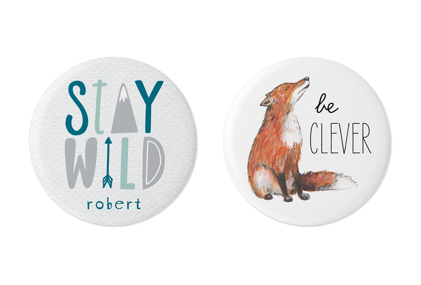 White, blue and gray pins with name, stay wild and fox.