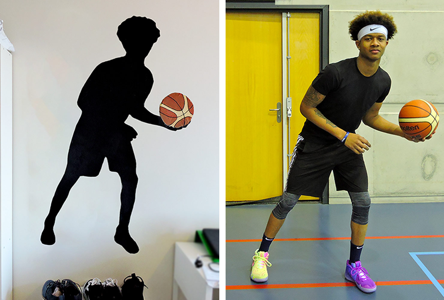 Basketball player silhouette on wall.